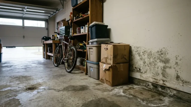 Garage Mold growing on drywall behind storage boxes inside a residential garage