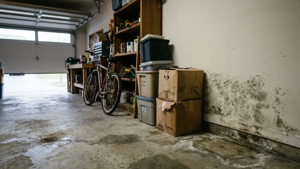 Garage Mold growing on drywall behind storage boxes inside a residential garage