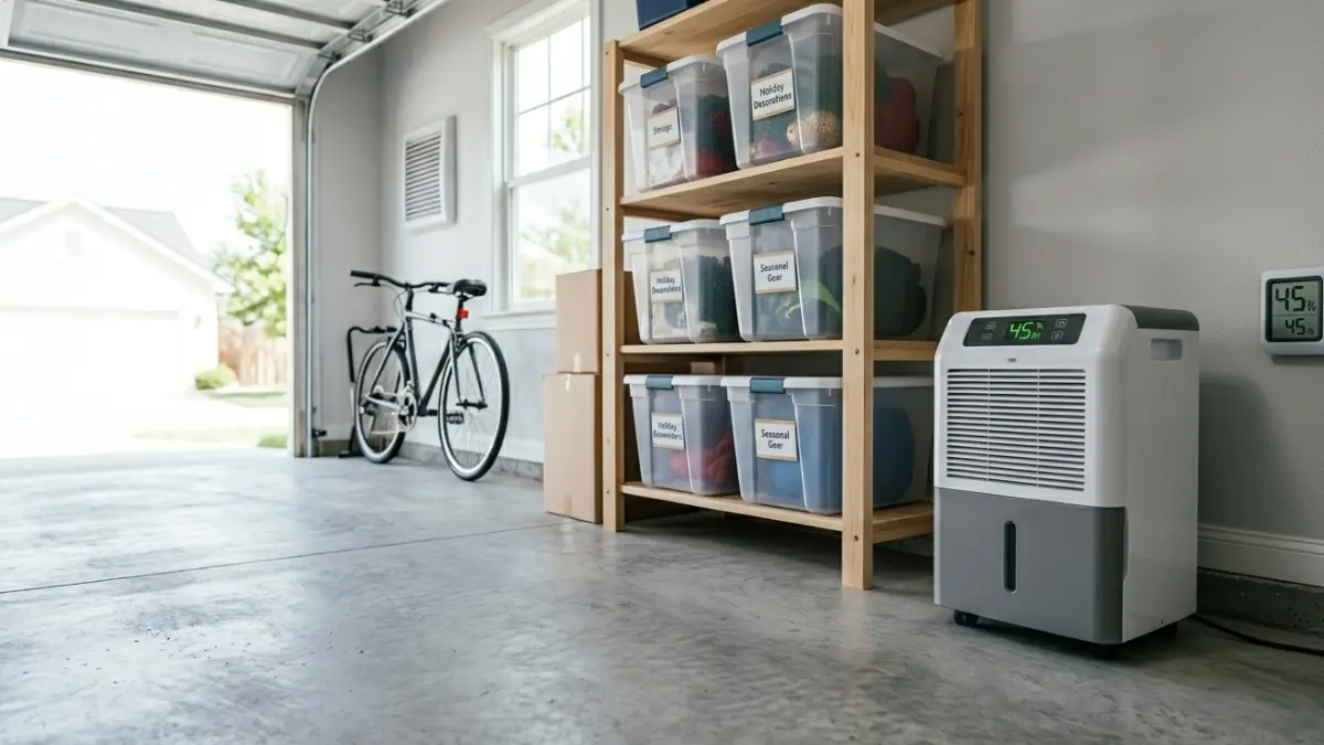 Garage Mold prevention using a dehumidifier and humidity monitor