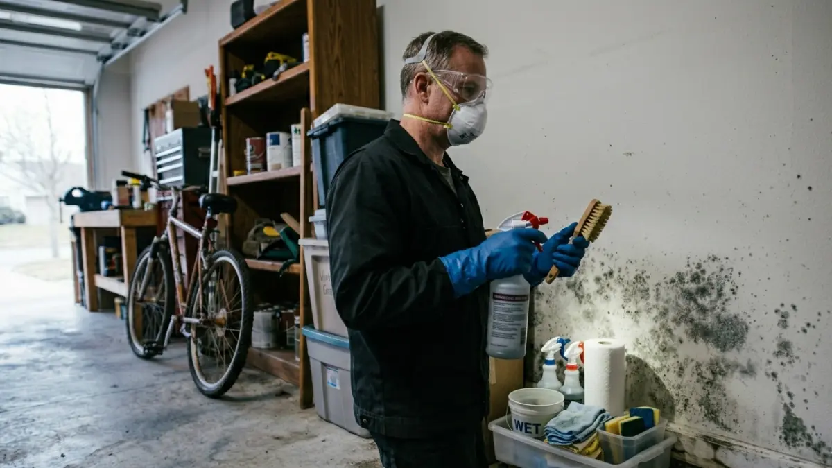 Garage Mold cleanup using N95 respirator gloves and eye protection