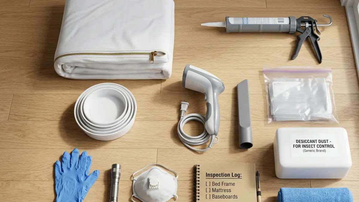 Get Rid of Bed Bugs using essential DIY supplies including a mattress encasement, interceptor cups, steamer, vacuum, gloves, and desiccant dust.