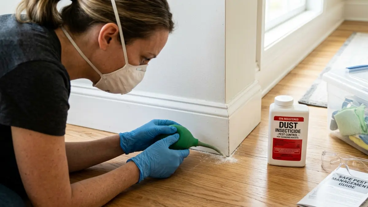 Get Rid of Bed Bugs safely by applying desiccant dust correctly inside cracks while wearing proper protective equipment.