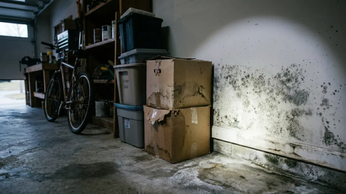 Garage Mold hidden behind cardboard boxes along a garage wall