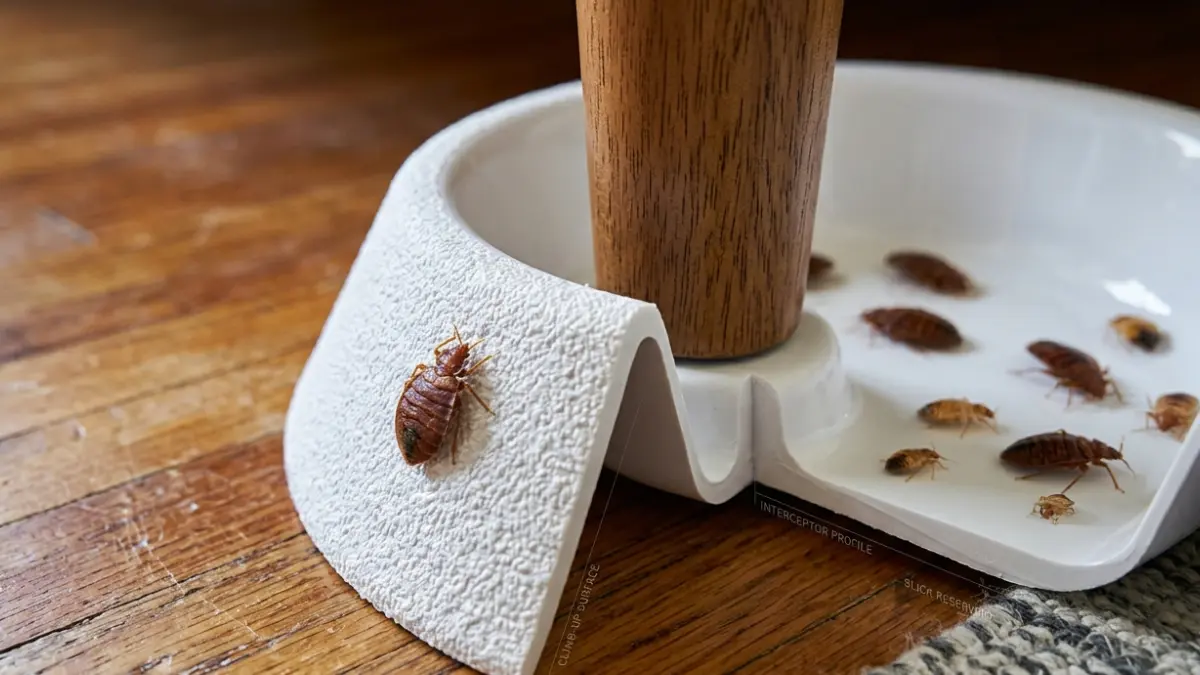 Close-up showing how bed bug interceptors trap bed bugs inside the inner well