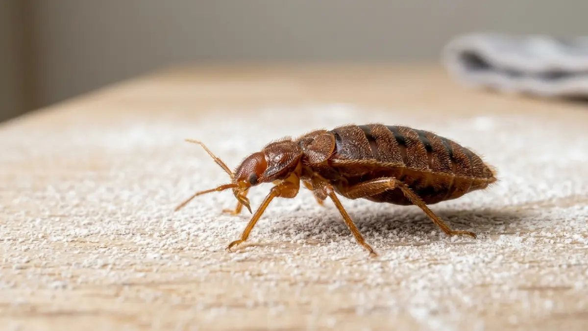 Diatomaceous earth powder contacting a bed bug on a wooden surface during treatment