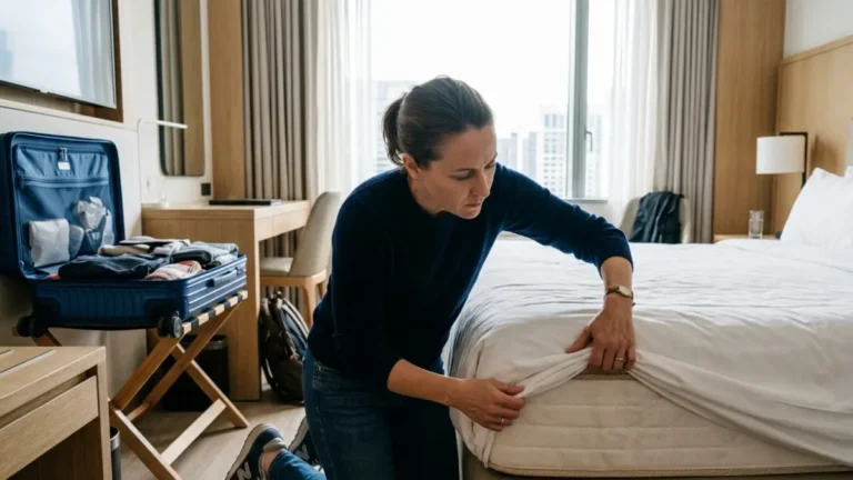 how do you get bed bugs traveler inspecting a hotel mattress before unpacking luggage in a hotel room