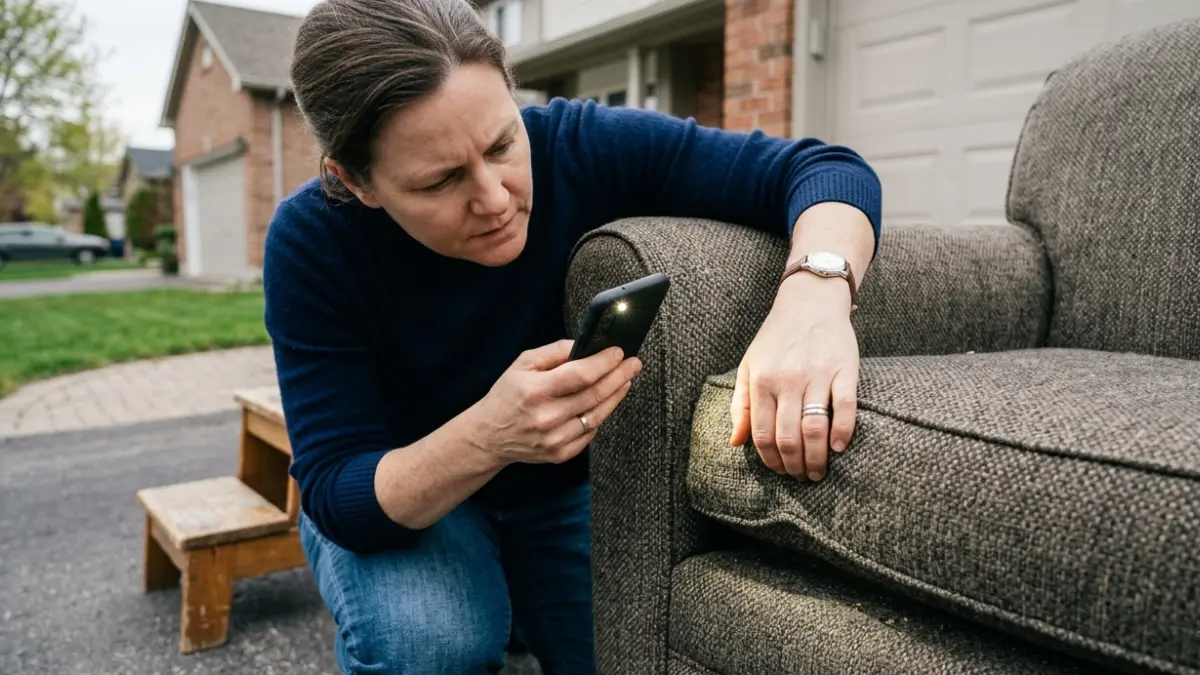 how do you get bed bugs homeowner inspecting a secondhand couch outdoors before bringing it inside