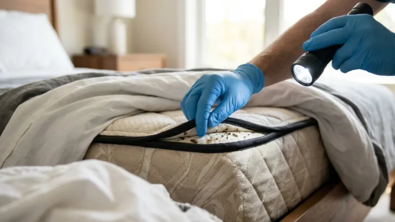 How to Check for Bed Bugs by inspecting mattress seams with a flashlight in a bedroom