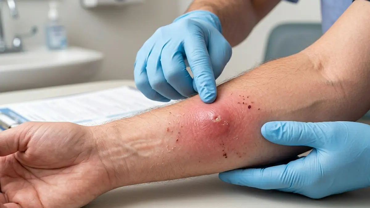 Healthcare professional examining infected Flea Bites on an adult's arm