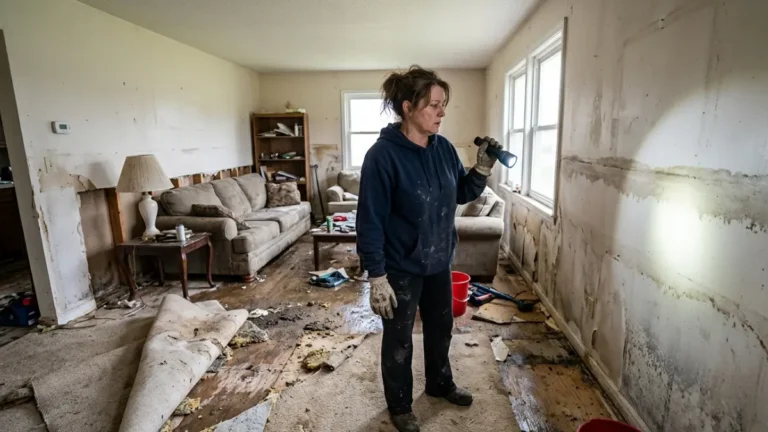 Mold After Flooding inspection inside a flood-damaged home with visible water damage and damp walls