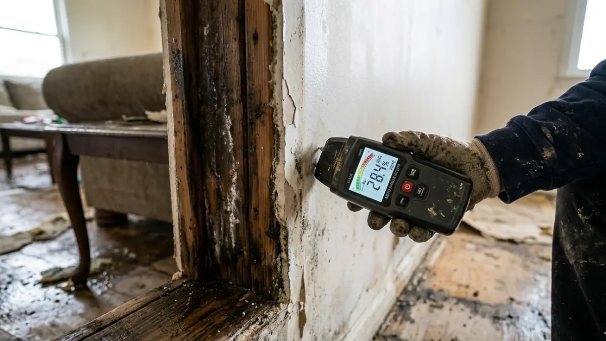 Mold After Flooding moisture inspection using a meter to detect hidden water inside flood-damaged walls
