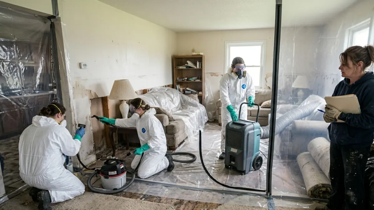 Mold After Flooding professional remediation technicians setting up containment and safety equipment
