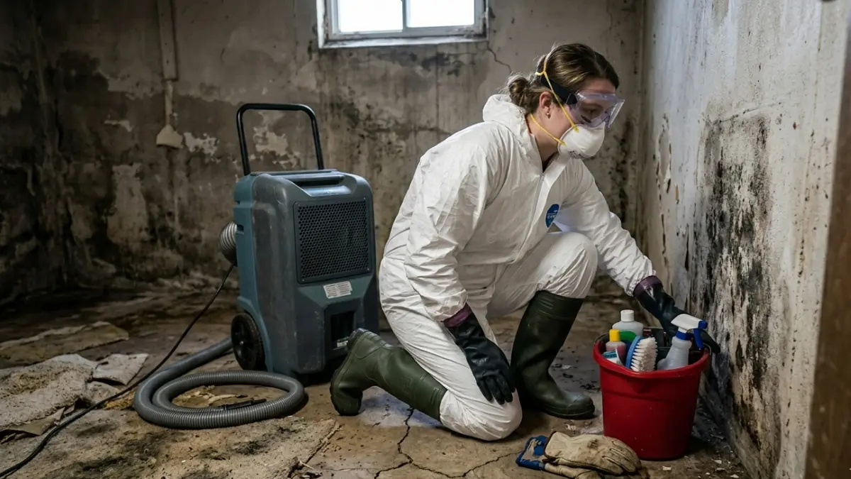 Mold After Flooding safety gear including N95 respirator gloves goggles and coveralls during cleanup