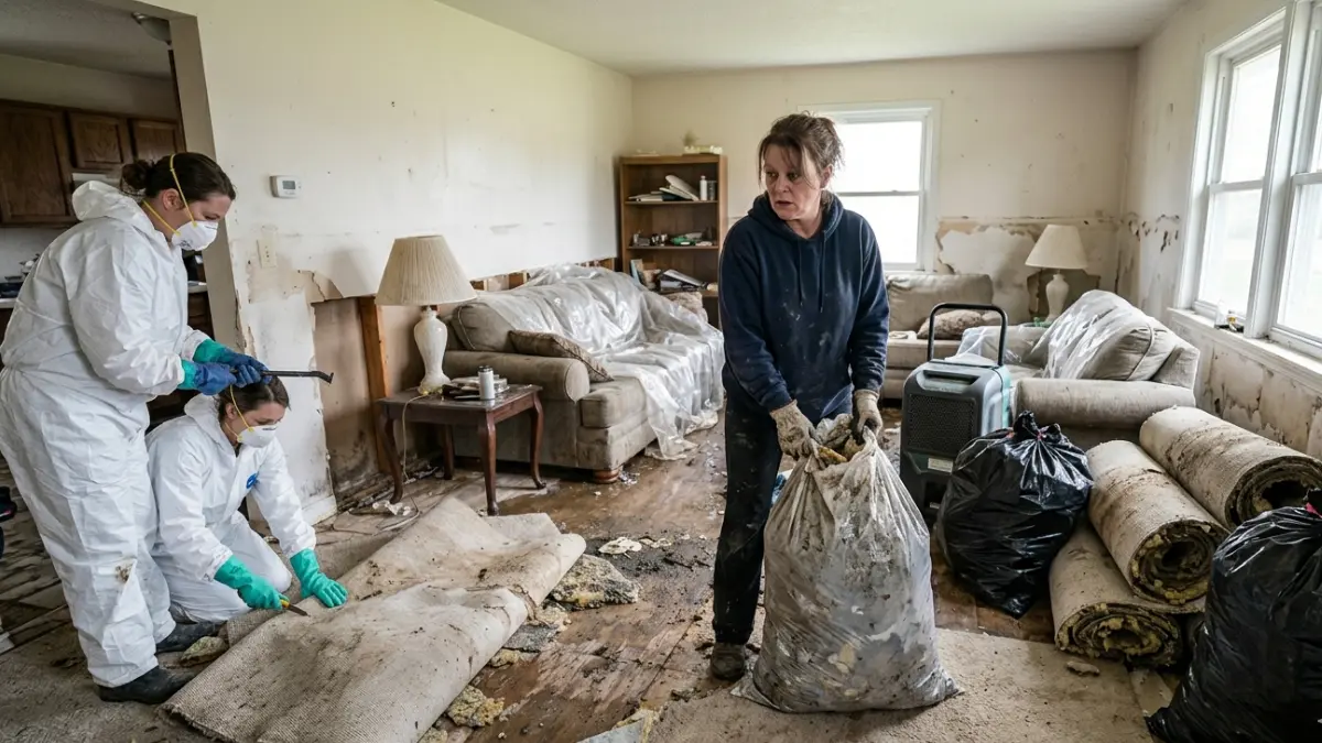 Mold After Flooding cleanup crew removing contaminated drywall and soaked carpet after flood damage