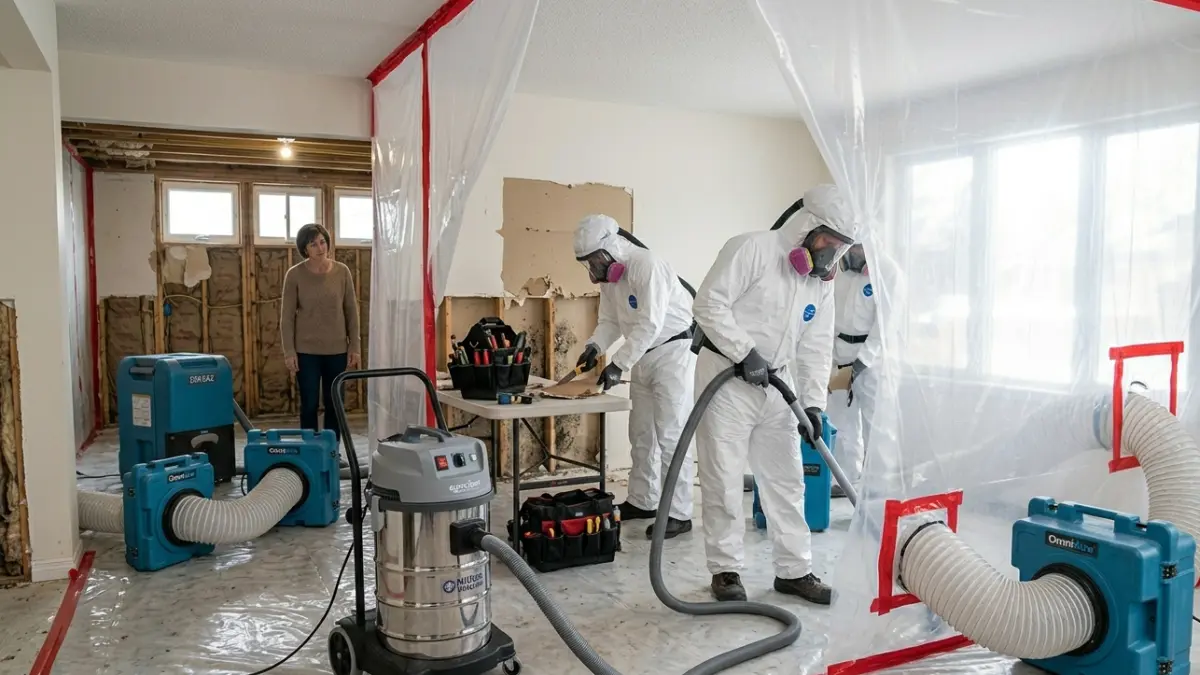 Mold Remediation Timeline showing containment barriers, HEPA vacuuming, and mold removal inside a residential property