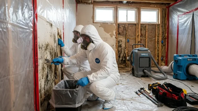 Mold Remediation Timeline showing professional technicians removing mold-damaged drywall and drying a residential basement