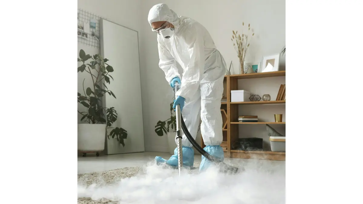 Remediation worker in disposable coverall Safety Gear cleaning a mold-contaminated carpet.