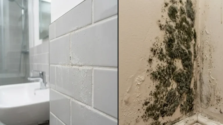 Mold vs. mildew comparison showing white mildew on bathroom tile grout and dark mold growing on a residential wall