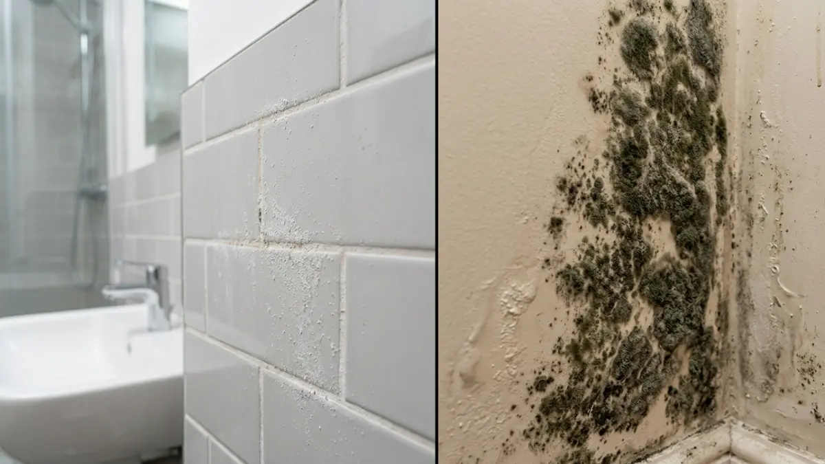 Mold vs. mildew comparison showing white mildew on bathroom tile grout and dark mold growing on a residential wall