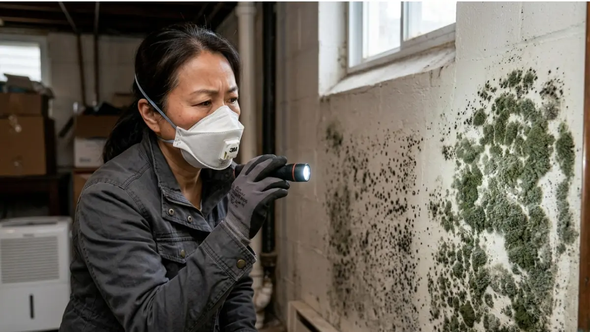 Mold vs. mildew health concerns as a homeowner inspects fungal growth inside a damp basement