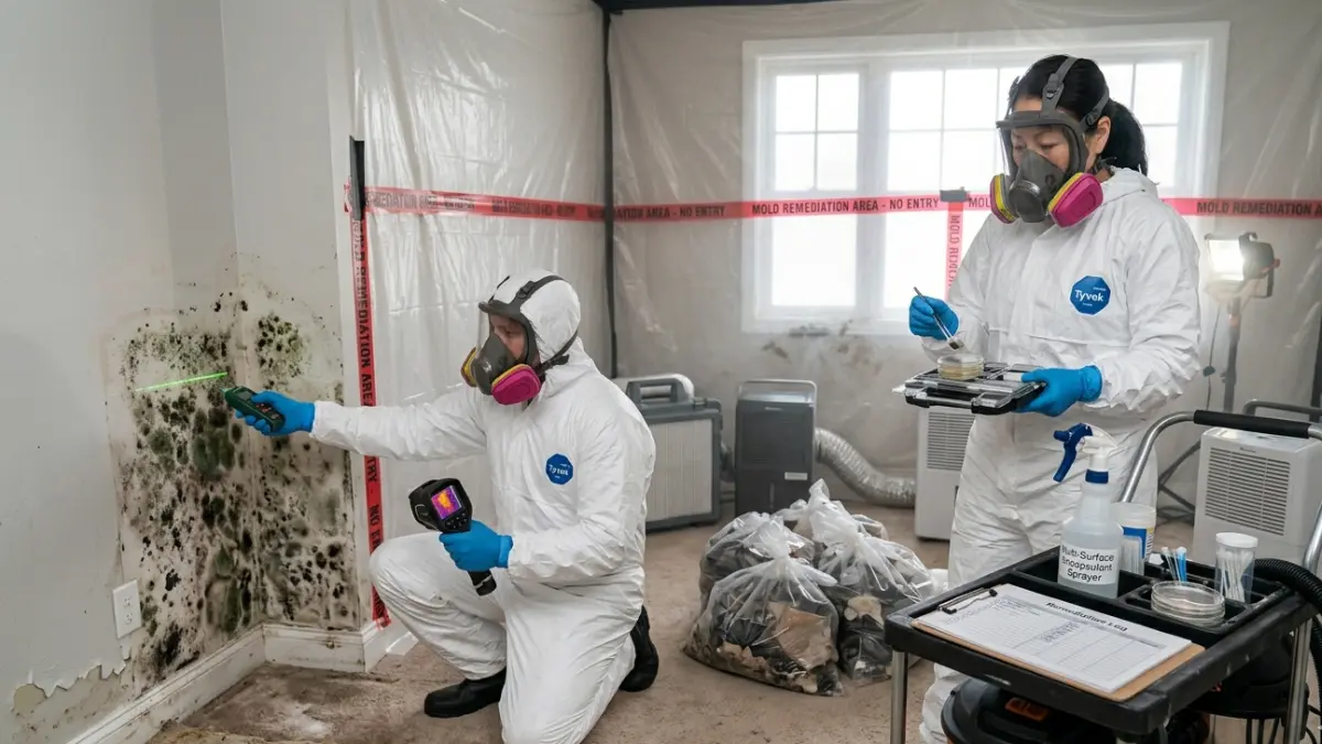 Mold vs. mildew remediation showing professionals handling extensive mold contamination after water damage