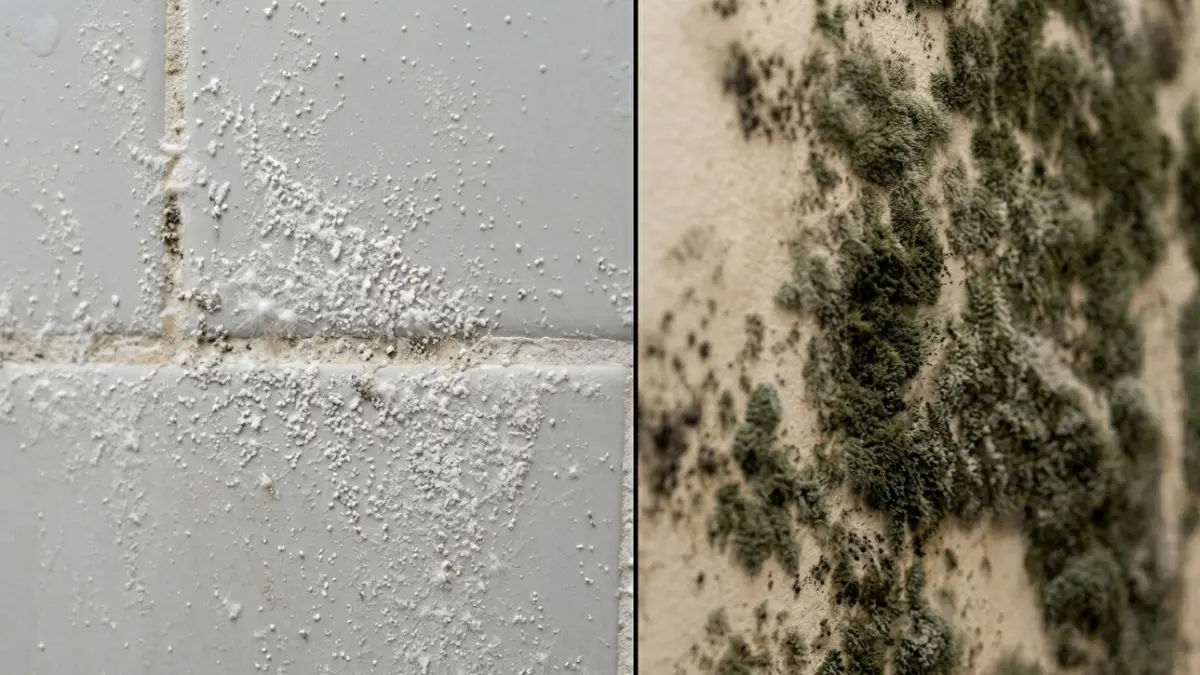 Mold vs. mildew close-up showing the texture difference between powdery mildew and fuzzy mold growth