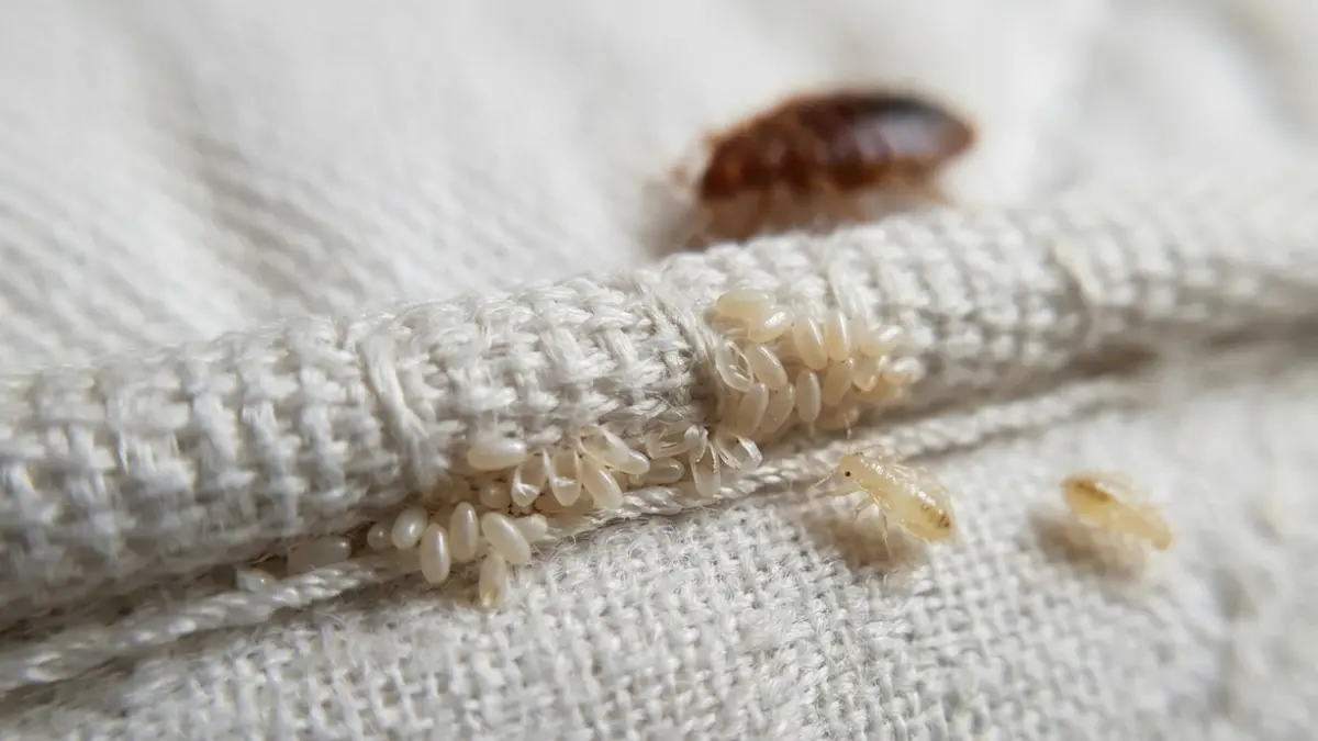 Newly hatched nymphs emerging from Bed Bug Eggs hidden inside a mattress seam