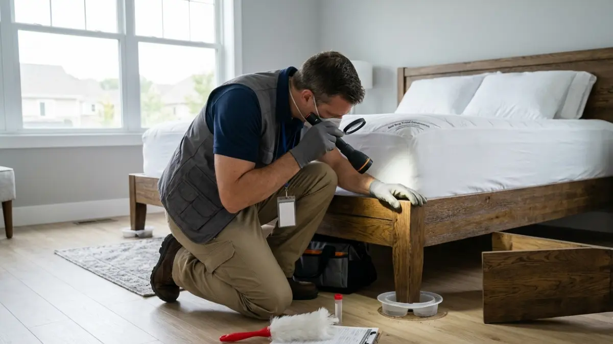 Professional inspecting a bed after Diatomaceous earth treatment as part of an integrated bed bug control plan