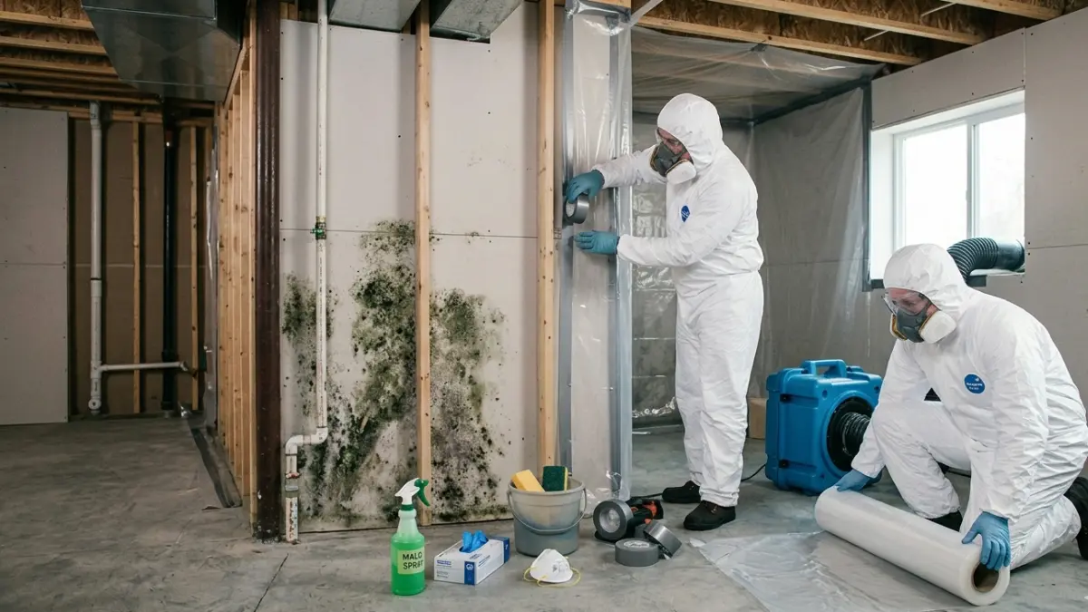 DIY Mold Removal Cost compared with professional mold remediation workers installing containment barriers and HEPA filtration systems