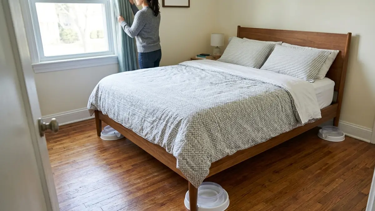 Proper installation of bed bug interceptors under all bed legs with no bedding touching the floor