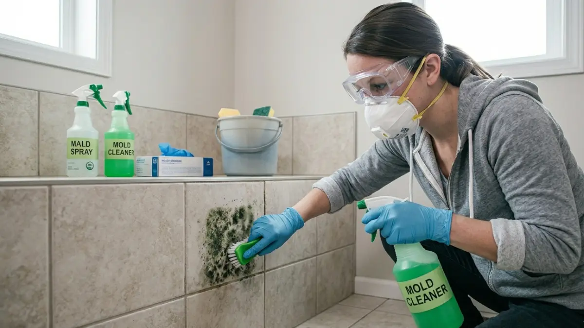 DIY Mold Removal Cost safe cleanup process with homeowner wearing N95 respirator gloves and goggles while removing mold