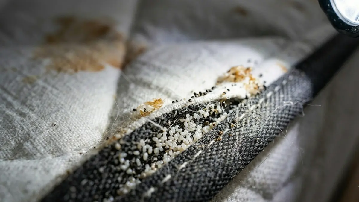 Signs of Bed Bugs showing pearl-white bed bug eggs attached to a mattress seam