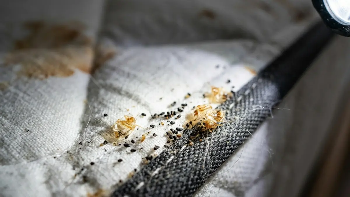 Signs of Bed Bugs showing dark fecal spots and translucent shed skins along a mattress seam