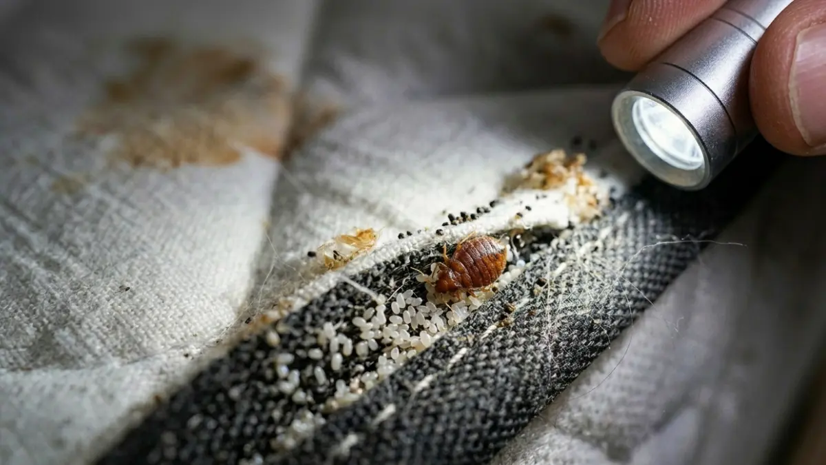 Signs of Bed Bugs showing a live adult bed bug hiding inside a mattress seam