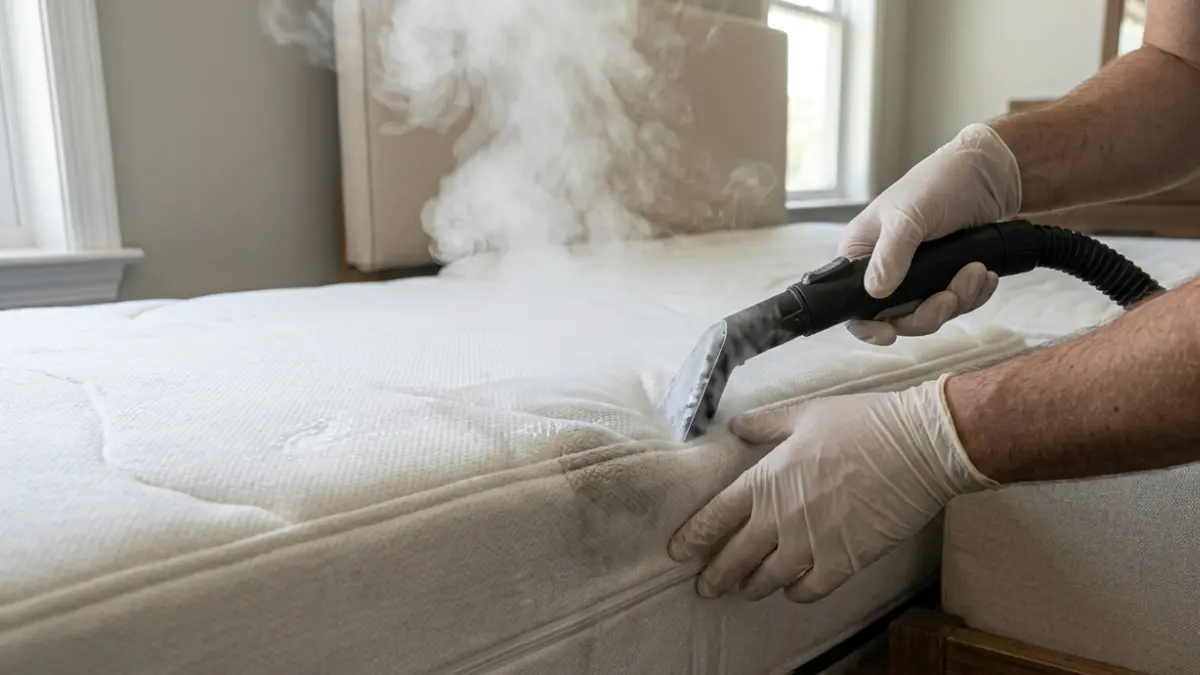 Using steam treatment on mattress seams to kill Bed Bug Eggs hidden in fabric folds