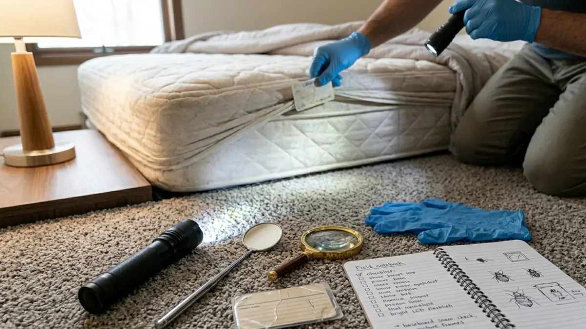 Flashlight, inspection mirror, and magnifying glass used to find where bed bugs hide during home inspection