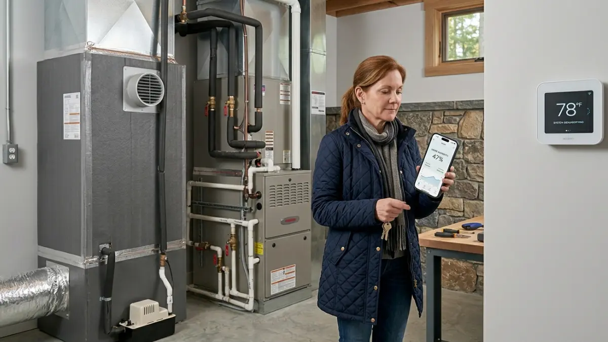 Vacation home humidity control with dehumidifier smart thermostat and indoor monitoring