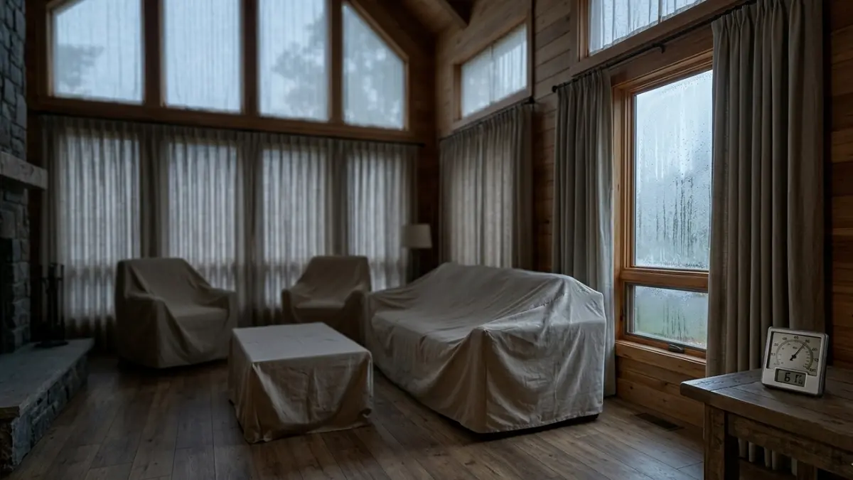 Vacation home interior showing humidity buildup and condensation in an empty seasonal property
