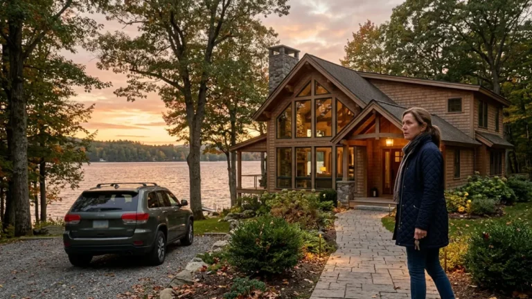 Vacation homeowner looking back at a lakeside seasonal home before leaving for the off-season