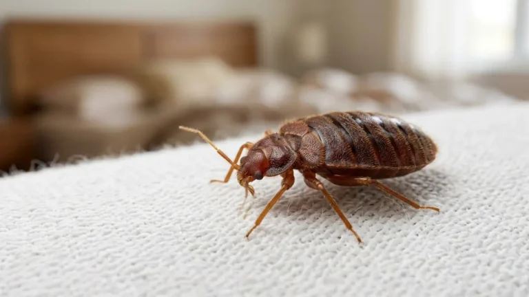 What Do Bed Bugs Look Like - close-up of an adult bed bug on a white bedsheet showing its flat oval reddish-brown body