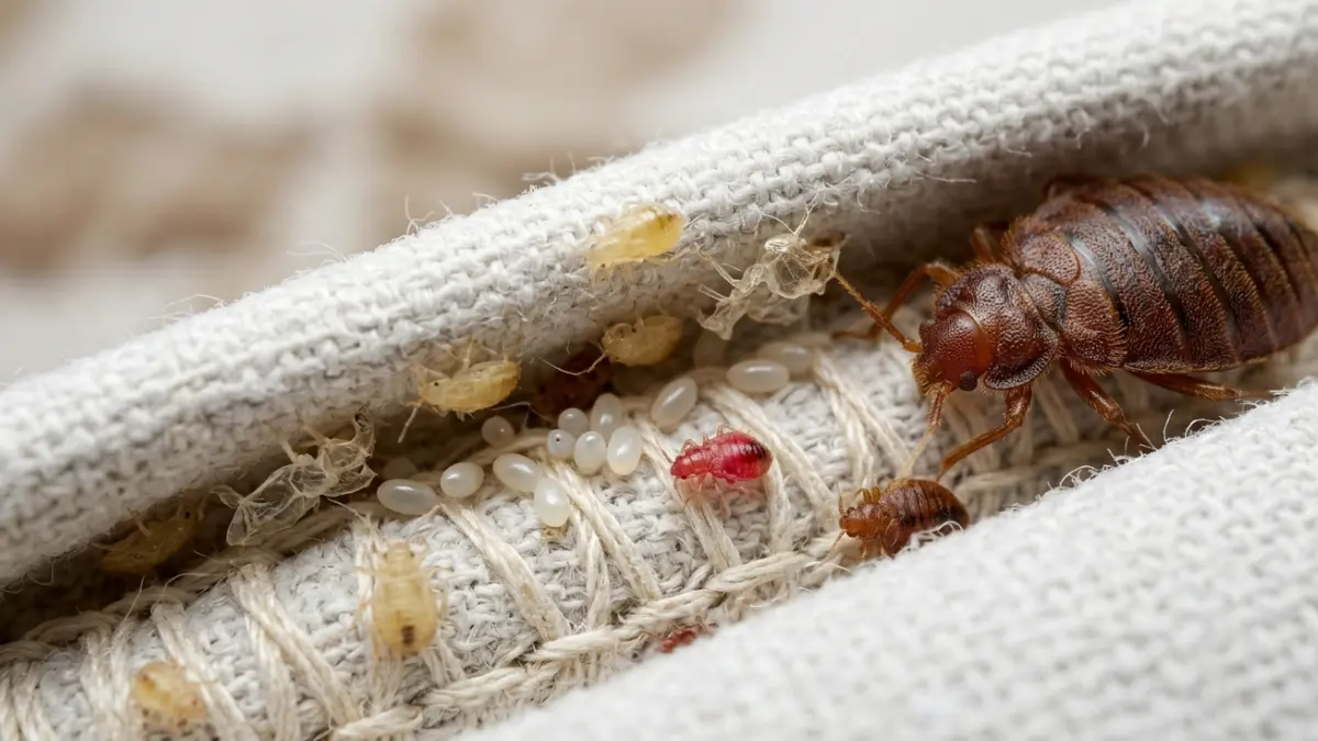 What Do Bed Bugs Look Like - bed bug eggs, translucent nymphs, and shed skins hidden inside a mattress seam