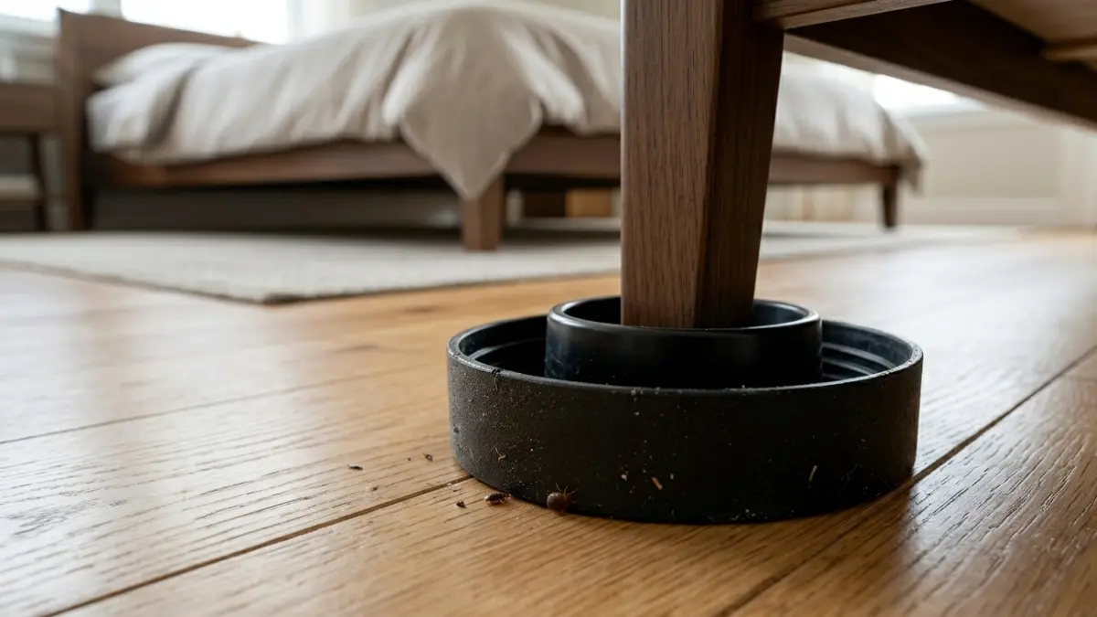 What Do Bed Bugs Look Like - bed bug interceptor trap installed beneath a bed leg for monitoring activity