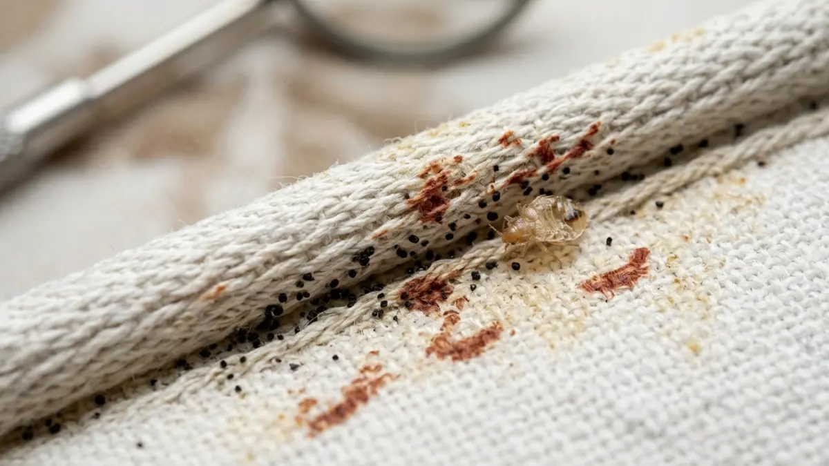 What Do Bed Bugs Look Like - bed bug fecal spots, blood stains, and shed skin visible on a mattress seam