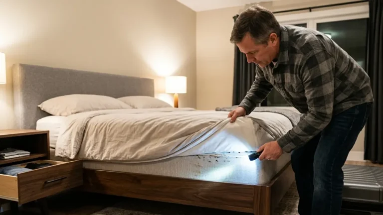 Homeowner inspecting a mattress and bed frame with a flashlight showing where bed bugs hide in a bedroom