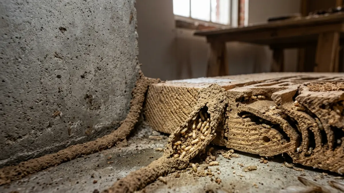 Active Termite Damage with subterranean termite mud tubes climbing a wooden foundation and hidden galleries inside the wood
