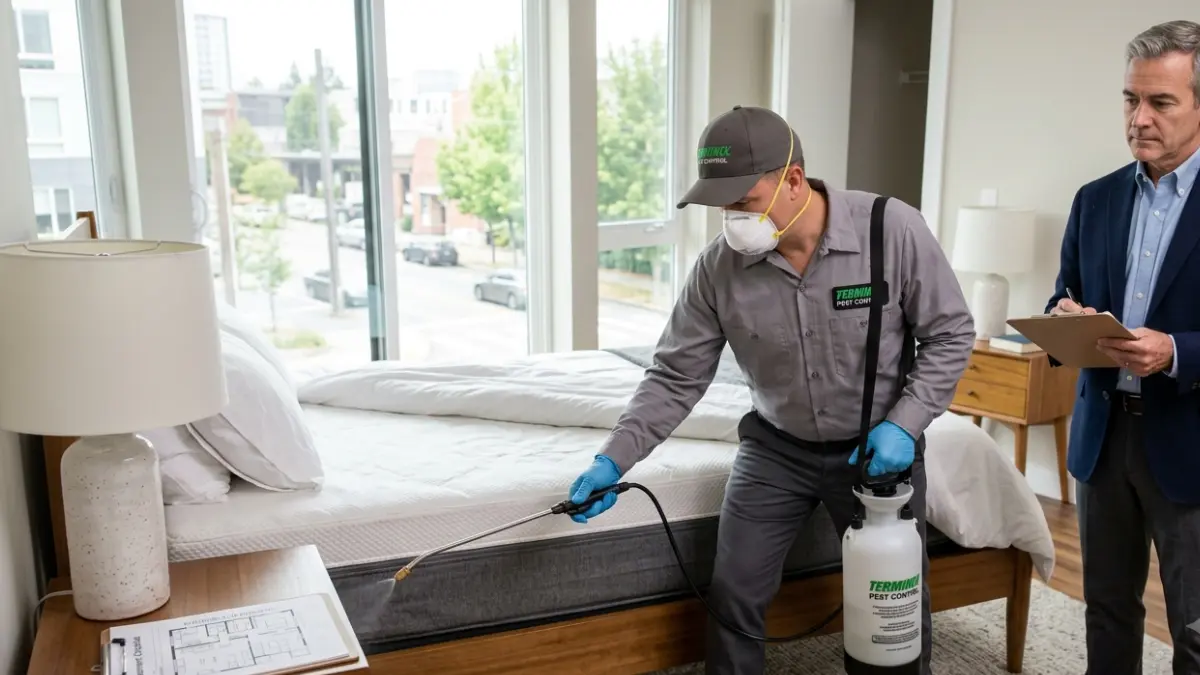 Apartment professional pest control technician performing bed bug treatment inside a bedroom