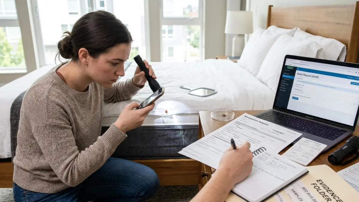 Apartment tenant documenting bed bug evidence by taking photos and keeping written records