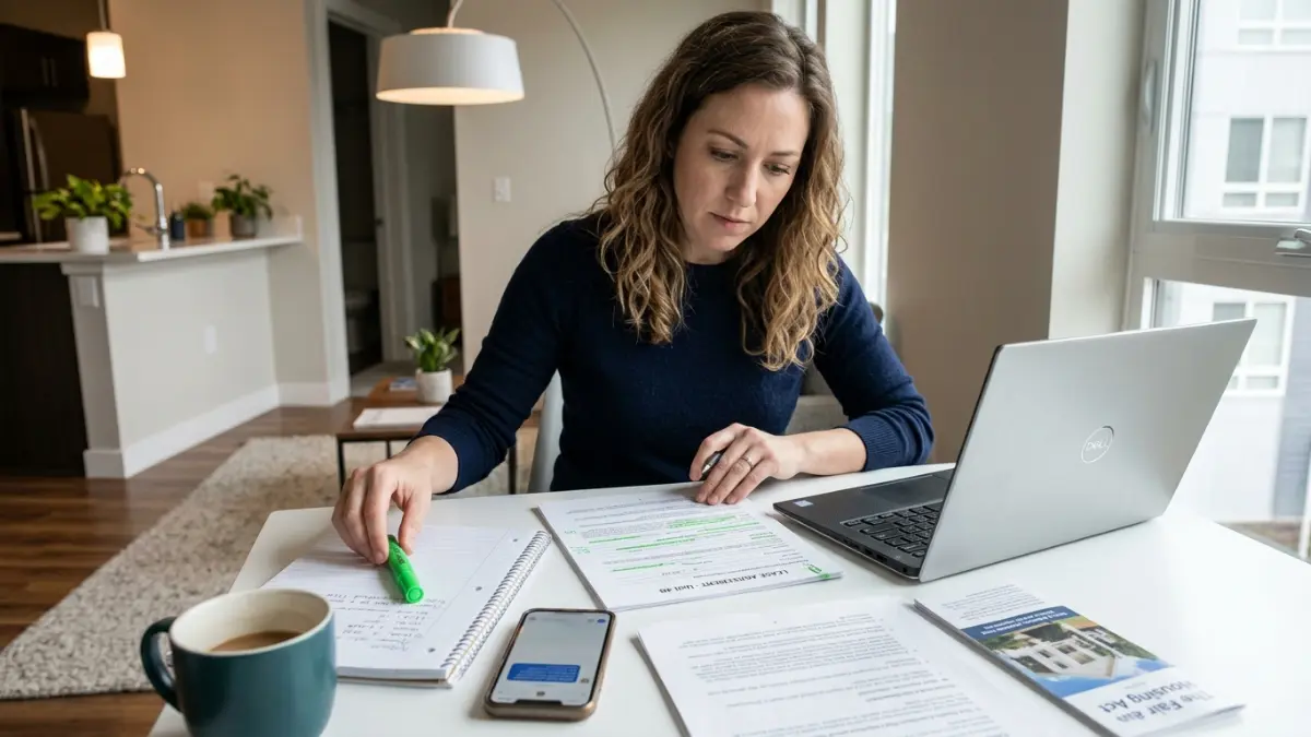 Apartment tenant reviewing lease documents and state housing laws before reporting a bed bug problem