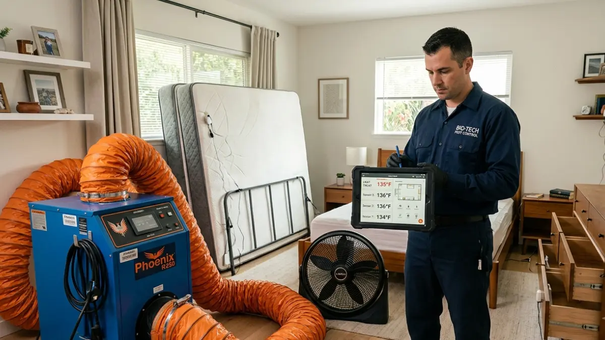 Bed Bug Exterminator performing professional whole-room heat treatment using commercial heating equipment.