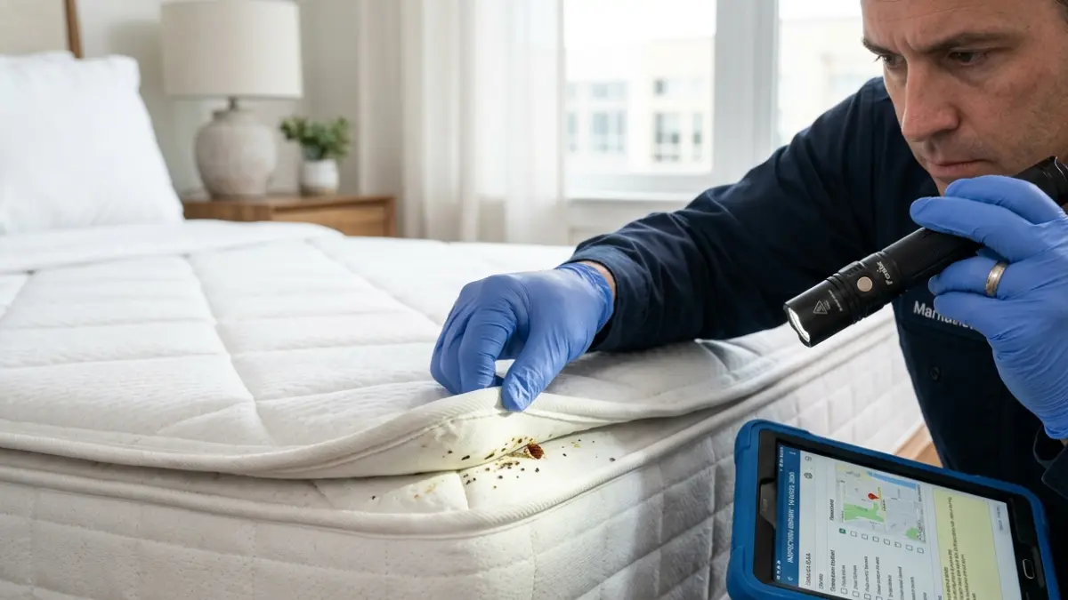 Bed Bug Exterminator inspecting mattress seams for live bed bugs, dark fecal spots, and early infestation signs.